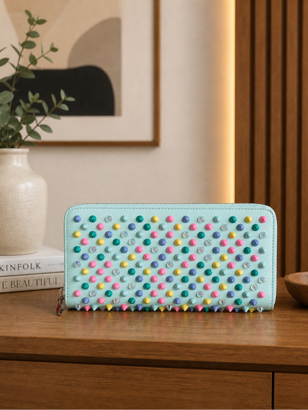 Christian Louboutin Panettone Mint Multicolor Stud Zip-Around Wallet